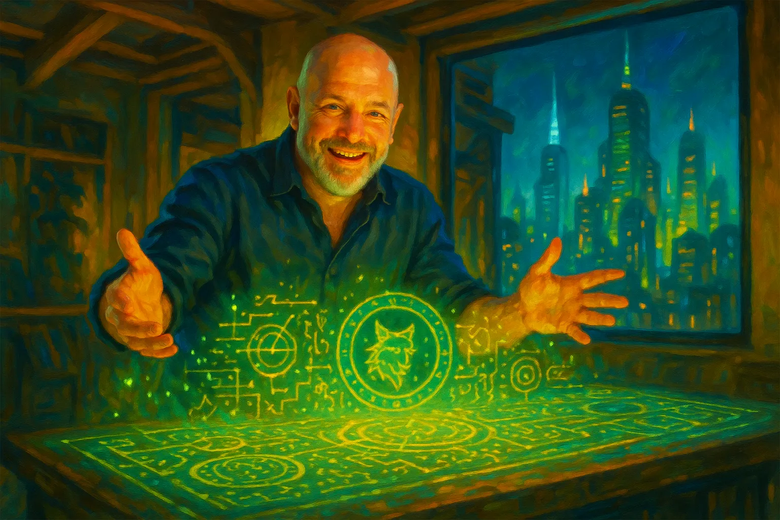 Mentor at a holographic workbench